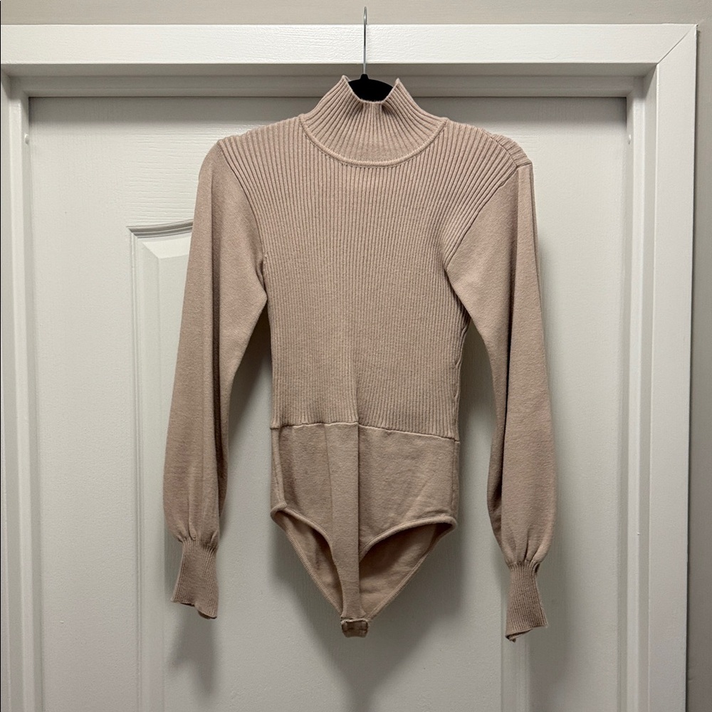 Zara Taupe Ribbed Turtleneck Bodysuit
